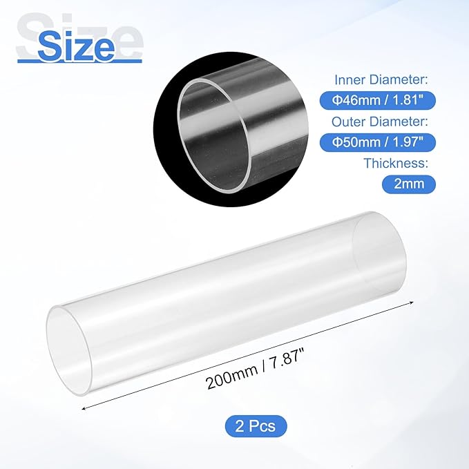 uxcell 2Pcs Clear Rigid Acrylic Pipe, 46mm(1.81") ID x 50mm(1.97") OD 8" Round Polycarbonate Tube Plastic Tubing for Plumbing, Lighting, Aquarium, DIY Projects
