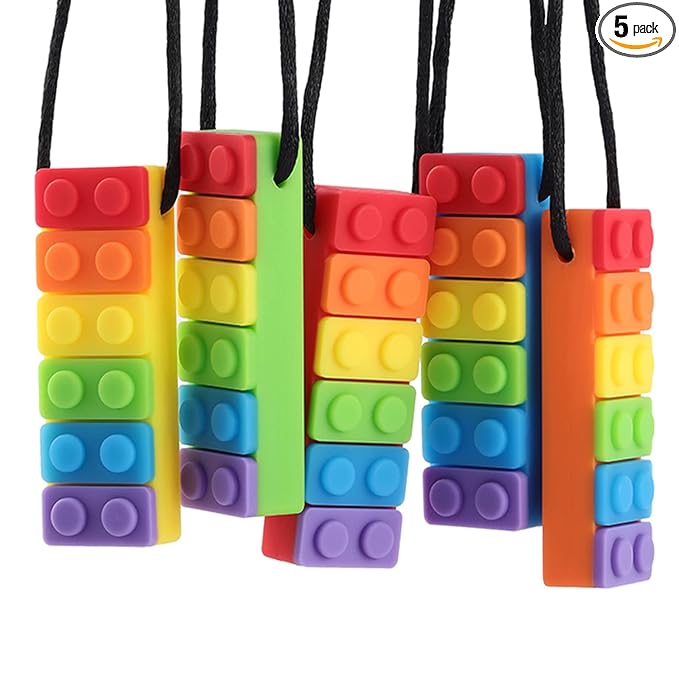 Chew Necklace for Sensory Kids, Seeway Rainbow Chewy Necklace BPA Free, Food- Grade Silicone Oral Motor Aids Chewelry Toys Sensory for Autism, ADHD, Anxiety, or Other Special Needs（5 Pack ）