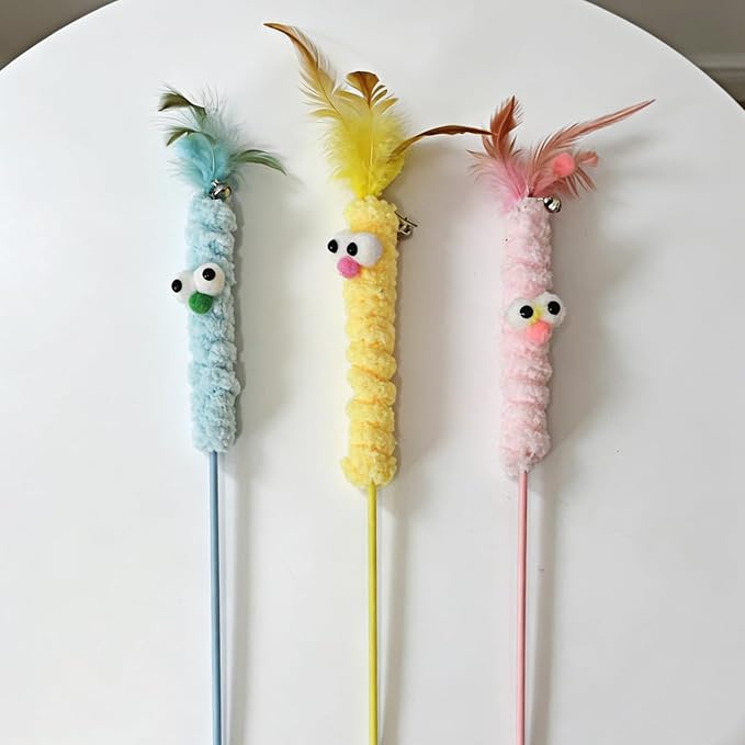 IUHKBH Cat Wand Toys, 3 PCS Cute Plush Teaser Wand with Bell & Feather Interactive Play Toy for Bored Indoor Cats and Kittens