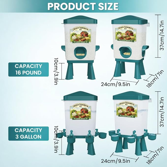 Erinaik Chicken Feeder and Waterer Set, 3 Gallon/16 LB Automatic Poultry Feeding System with Hanging Option, No Waste Feeder Ports & Water Cups, BPA-Free, Ideal for Hens Ducks and Poultry (BLUE2)