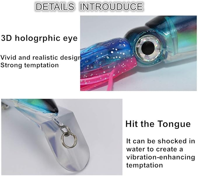 4Pcs Large Simulation Squid Fishing Lures Bait Kit,3D Holographic Eyes，Built-in Multicolored Lead Blocks Through Heavy Duty ，Stable and Tempting
