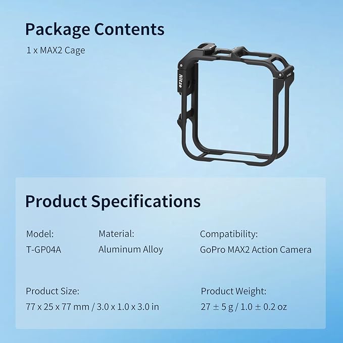 Nitze MAX2 Cage for GoPro MAX2 360 Action Camera, Aluminum Alloy Protective Cage with Built-in Cold Shoe and 1/4" Locating Hole - T-GP04A