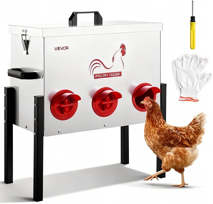 VEVOR Automatic Chicken Feeder, 30 lbs Capacity, 6 Feeding Ports No-Waste Poultry Feeder, Automatic Gravity, with Adjustable Height & Locking Lid, Metal Construction, for Chickens Bantams Pheasants