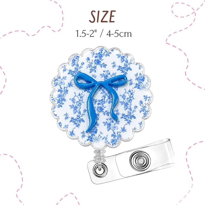 Cute Floral Blue Bow Ribbon Badge Reel for Nurse Women Office Teacher Flower Girly Aesthetic Decorative Sparkly Pretty Glitter ID Holder Clip Retractable Name Tag Card Holder Gifts Accessories