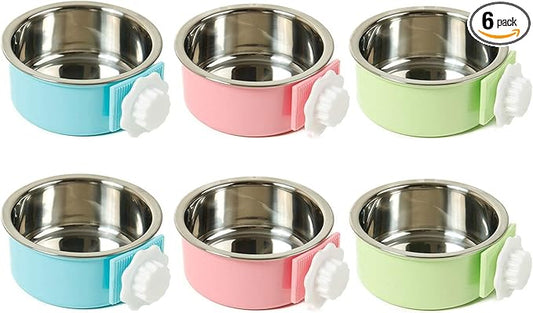kathson Crate Dog Bowl, Removable Stainless Steel Hanging Pet Cage Bowl Food & Water Feeder Coop Cup for Cat, Puppy, Birds, Rats, Guinea Pigs (6 PCS, Size: M, 2×Blue,2×Green,2×Pink)