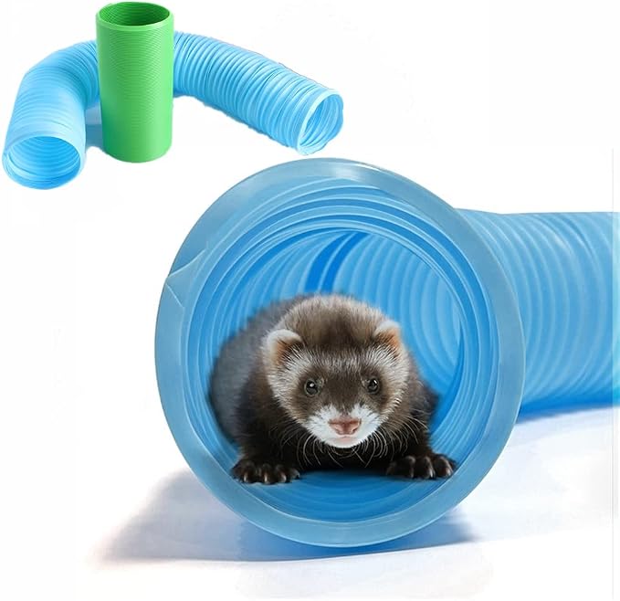 2 Pack Collapsible Ferret Tunnel - Fun Plastic Guinea Pigs Tube Tunnel Foldable Hideaway Exercising Training Tube Toys for Ferrets,Chinchilla, Guinea Pig, Gerbil, Mouse, Rat (Blue+Green)