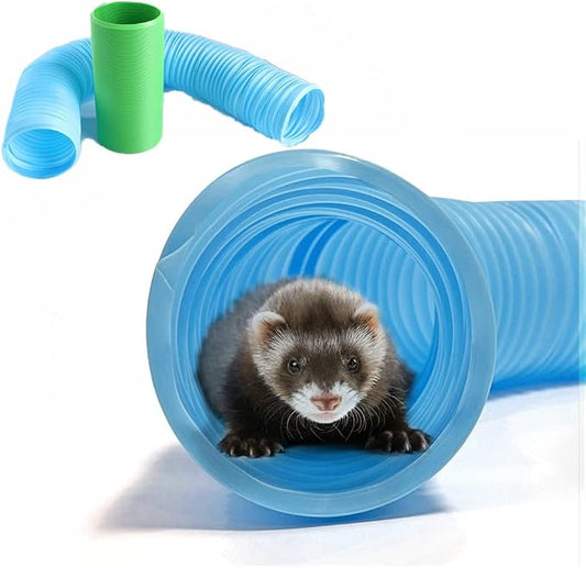 2 Pack Collapsible Ferret Tunnel - Fun Plastic Guinea Pigs Tube Tunnel Foldable Hideaway Exercising Training Tube Toys for Ferrets,Chinchilla, Guinea Pig, Gerbil, Mouse, Rat (Blue+Green)