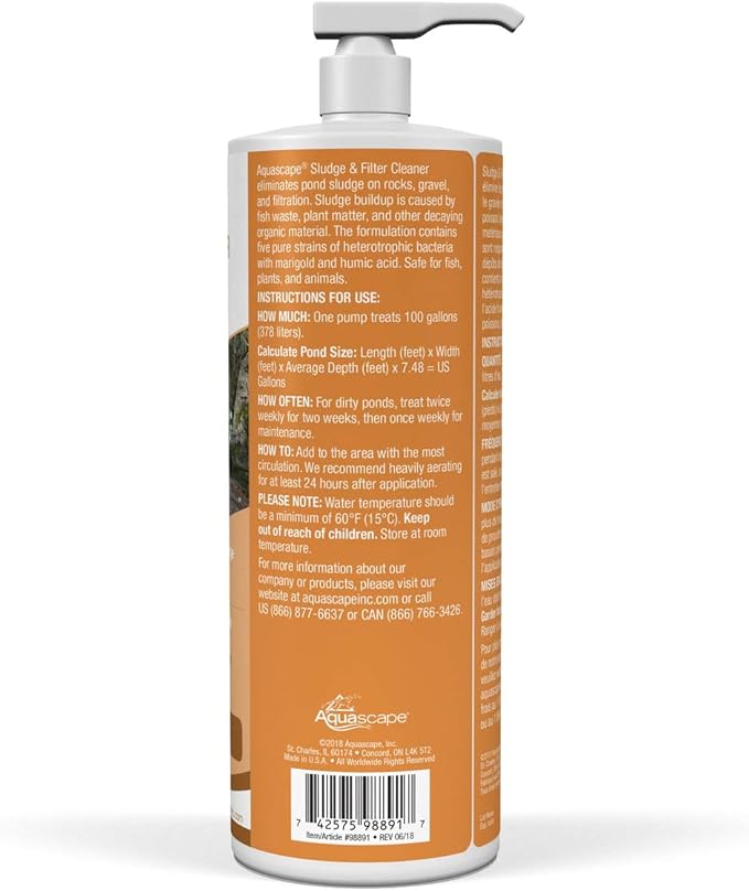Aquascape 98891 Sludge and Filter Cleaner Treatment Liquid 1 Ltr/33.8 oz for Pond Water Feature Waterfall and Garden