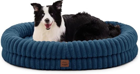 ChiXnuggle Dog Bed Large Sized Dog - Luxury Striped Faux Fur Waterproof Pet Couch with Removable Washable Cover, Orthopedic Pet Bed with Bolster Sides for Sleeping, Midnight Blue