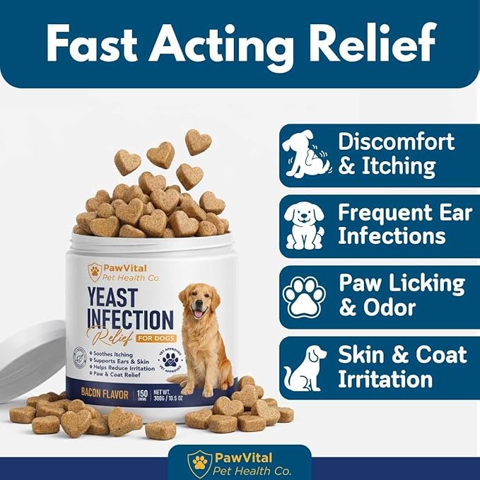 Natural Yeast Infection Treatment for Dogs, 150 Chews – Anti Yeast Support for Itchy Skin & Ears – Helps Reduce Irritation & Paw Licking – Probiotic + Herbal Blend – Bacon Flavored Soft Chews