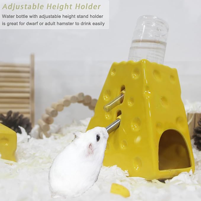 Adjustable Water Bottle Holder - 125ML Syrian Hamster Water Bottle with Widen Bottom Stand Anti-Fall, Ceramic Cheese Water Dispenser for Mice, Gerbil