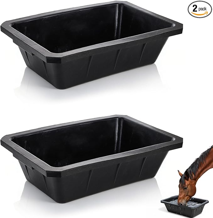 Cididu 2 Pack Rubber Feeder Pan, 10 Quart Large Horse Trough Feeder Bucket, Heavy Duty 2.5 Gallon Chicken Dust Bath Tub Water Bowl for Pig Goat Dog Cat Farm Livestock Animal Feeding, Rectangular
