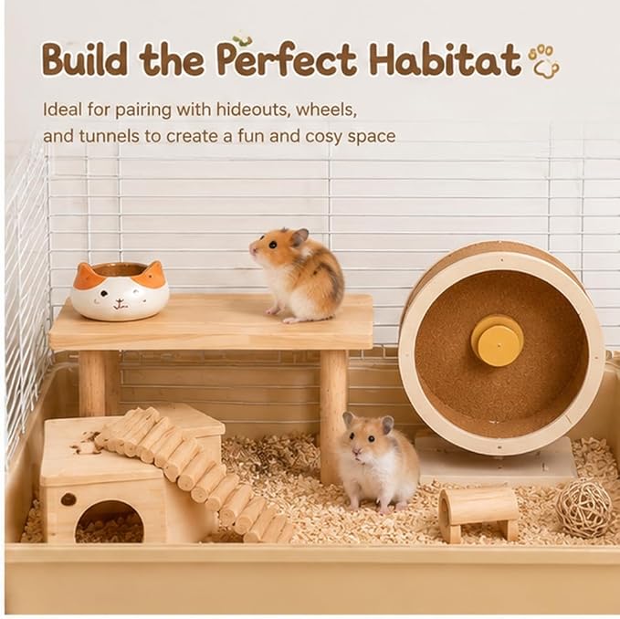 Hamster Play Platform Wooden Cage Accessory for Small Hamsters, Natural Multi-Level Climbing Playground & Rest Area, Enrichment Habitat Decor for Dwarf Syrian Hamsters