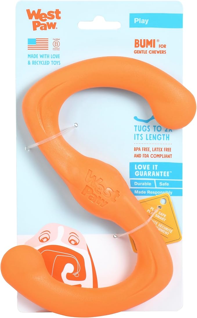 WEST PAW Zogoflex Bumi Dog Tug Toy – S-Shaped, Lightweight Chew Toys for Fetch, Play, Pet Exercise – Tug of War Soft Flinging Squishy Chewy Toy for Dogs – Guaranteed, Latex-Free, Small 8", Tangerine