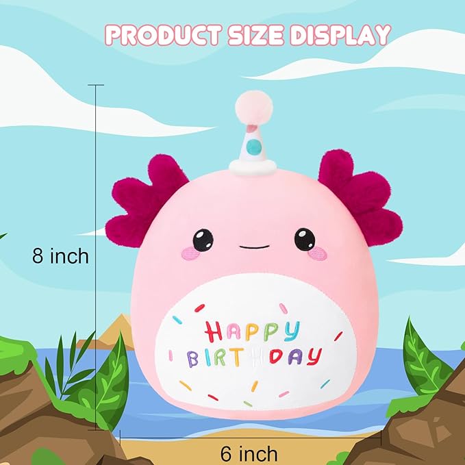 SQEQE Happy Birthday Axolotl Plush Axolotl Stuffed Animal Toy Pink Birthday Plushies Home Decor for Girls Boys Kids (8Inch)