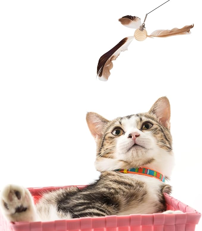 8pcs Spinning Feather Propeller Refills for Cat Wand Toy, Cat Toy Wand Attachment Replacement with Lobster Clasp, Spining Propeller Toys, Propeller Toy with Bell (Brown)