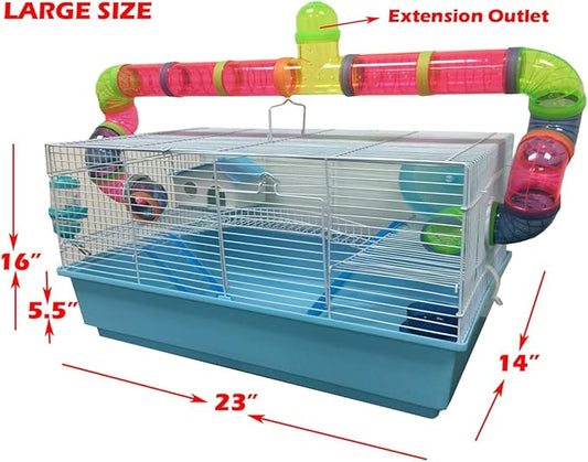 Pink Extra Large 23" Habitat Hamster Rodent Gerbil Mouse Mice Rat Wire Cage Long Crossing Tube & Deep Tray Expandable and Customizable 23.2" L x 14" W x 15.7" H
