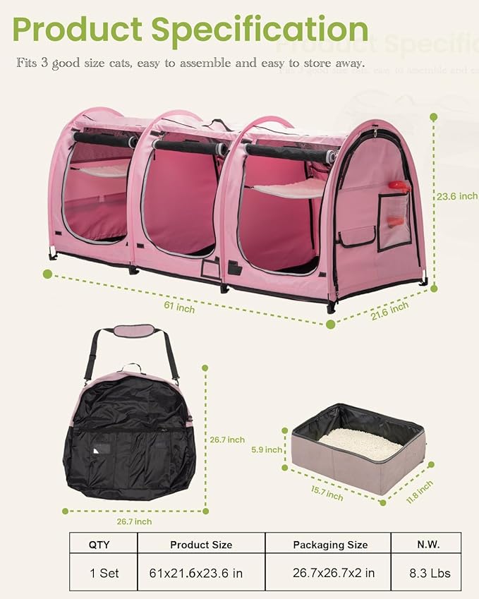 Portable Three Compartment Show House Cat Cage Condo - Easy to Fold & Carry Kennel - Comfy Puppy Home & Dog Travel Crate with Portable Carry Bag,2 Hammocks,3 Mats and Collapsible Litter Boxs