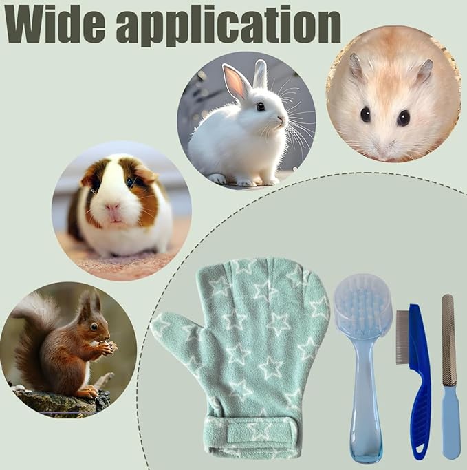 4 PCS Hamster Bite Proof Glove Set, Includes Anti-Bite Glove, Soft Bathing Brush, Metal Fine-Tooth Comb & Nail File, Safe Grooming Kit for Hamsters, Guinea Pigs, Gerbils, Ferrets, Hedgehogs