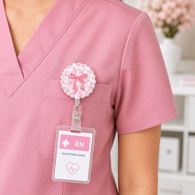 Cute Girly Pink Floral Bow Ribbon Badge Reel for Nurse Women Office Teacher Medic Worker Princess Aesthetic Decorative Sparkly Glitter Retractable ID Holder Clip Pretty Flower Design Gifts Accessories
