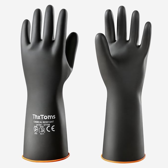 ThxToms Heavy Duty Chemical Resistant Latex Gloves, Waterproof Rubber Gloves, Puncture Resistant, Acid Oil & Alkali Resistant for Industrial Cleaning, Gardening, 14", 1 Pair