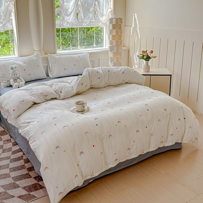 BlueBlue Rainbow Duvet Cover Set Twin 100% Cotton Soft Lightweight Gauze Bedding Rainbow Cloud Hearts Print on White 1 Cute Cartoon Comforter Cover 2 Pillowcases (Twin)