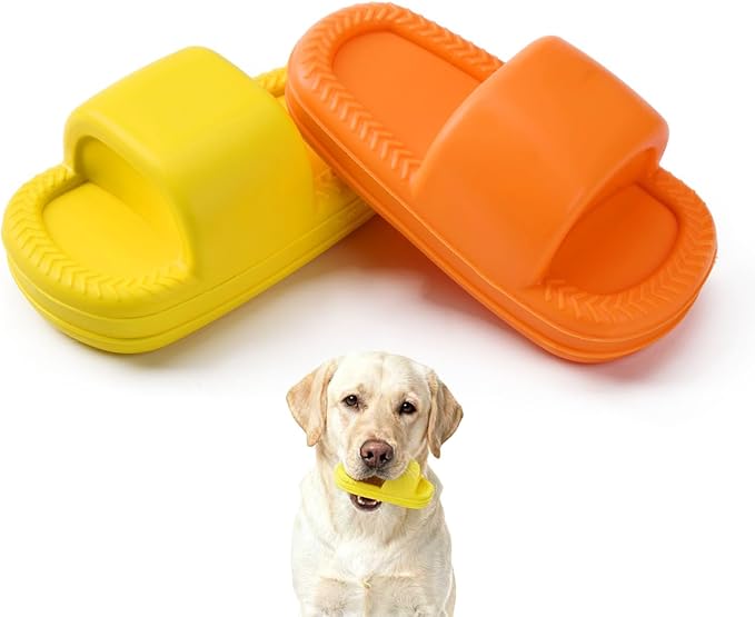 MECOOL Squeaky Slipper Dog Toy - Chew Toys for Aggressive Chewers, Durable Rubber Chew Toy for Dental Cleaning & Boredom Relief, for Small Medium Dogs, 2PCS Yellow and Orange