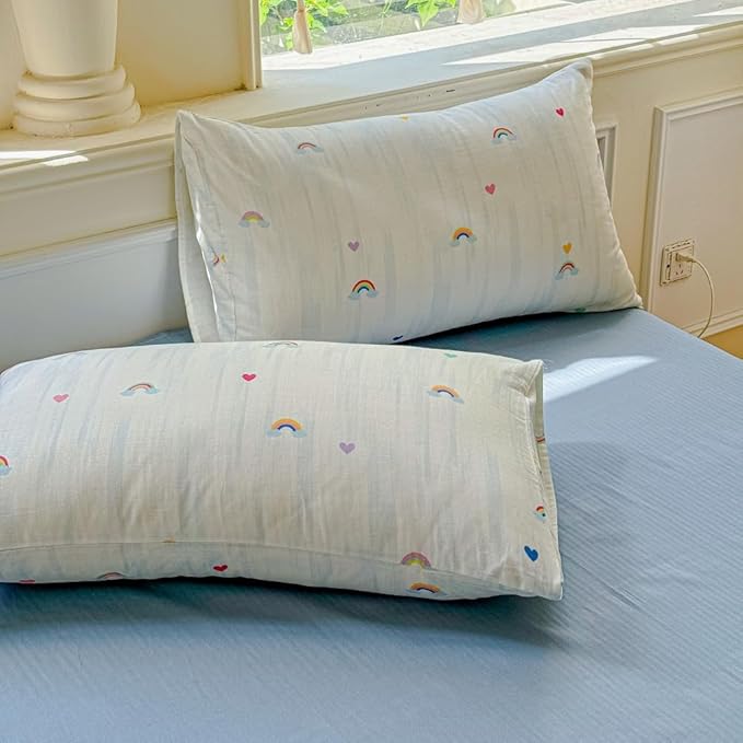 BlueBlue Rainbow Duvet Cover Set Queen 100% Cotton Soft Lightweight Gauze Bedding Rainbow Cloud Hearts Print on White 1 Cute Cartoon Full Comforter Cover 2 Pillow Shams, Queen