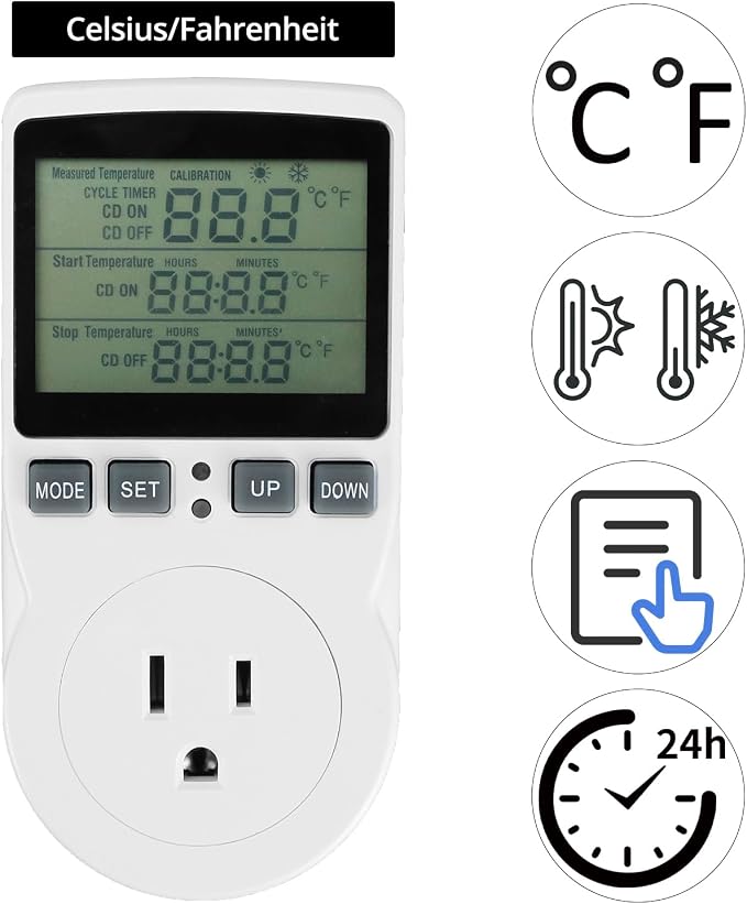 QWORK Digital Thermostat Outlet Plug Temperature Controller Socket - 120V, 15A Max, Heating Cooling Control, No Back Light