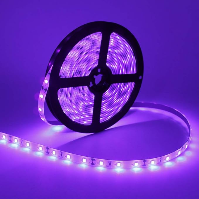 LED UV Black Light Strip Kit, 16.4FT/5M Ultraviolet Waterproof IP65 3528 300LEDs, 395nm-405nm Blacklight for DJ Bar Club Party Decor Night Fishing with 12V Power Supply