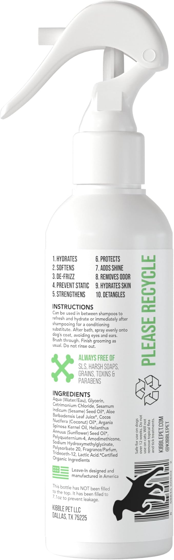 Kibble Pet Dog Leave in Conditioner Spray, Professional Grooming, Dry Itchy Skin Moisturizer, Coat Deodorizer, Long Lasting Aloe Vera Honey Scent, Made in The USA (Aloe Vera & Honey, 7.1 oz)