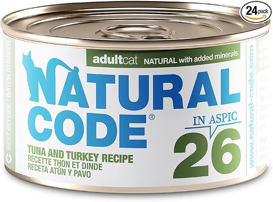 Natural Code - 24 Pack Wet Cat Food, Limited Ingredient Cat Food, High-Protein, Non-GMO, No Artificial Additives, Made in Italy, Tuna & Turkey in Aspic for Adult Cats, 3 oz