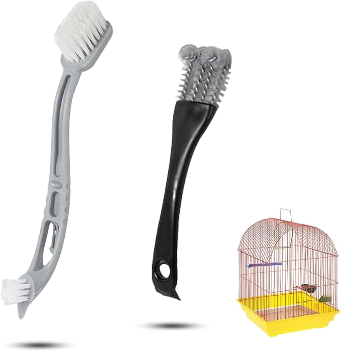 2 Pcs Bird Cage Cleaner Brush & Scoop with Long Handle and Curved Brush Head, 2-in-1 Bird Cage Cleaner with Front and Back Brushes for Kennel, and Parrot Perch Cleaning