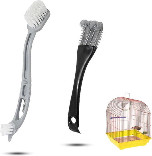 2 Pcs Bird Cage Cleaner Brush & Scoop with Long Handle and Curved Brush Head, 2-in-1 Bird Cage Cleaner with Front and Back Brushes for Kennel, and Parrot Perch Cleaning
