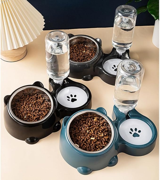 Automatic Refill Pet Water Bowl and Food Dish Set with Stainless Steel Removable Tray Anti Tip Base for Small Animals