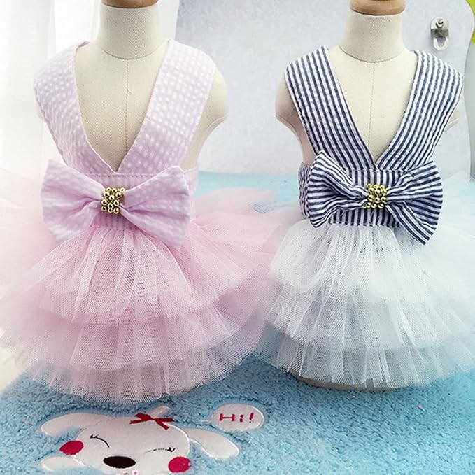 Dog Dresses, Fashion Pet Dog Clothes, Striped Mesh Puppy Dogs Princess Dresses (Blue, Large)