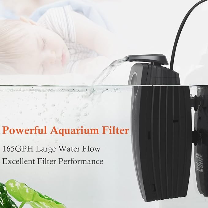 FEDOUR 165GPH Aquarium Filter, 8W Adjustable Fish Tank Filter, Submersible Internal Filter for 10-50 Gallon Tank, with Biochemical Cotton (Black)