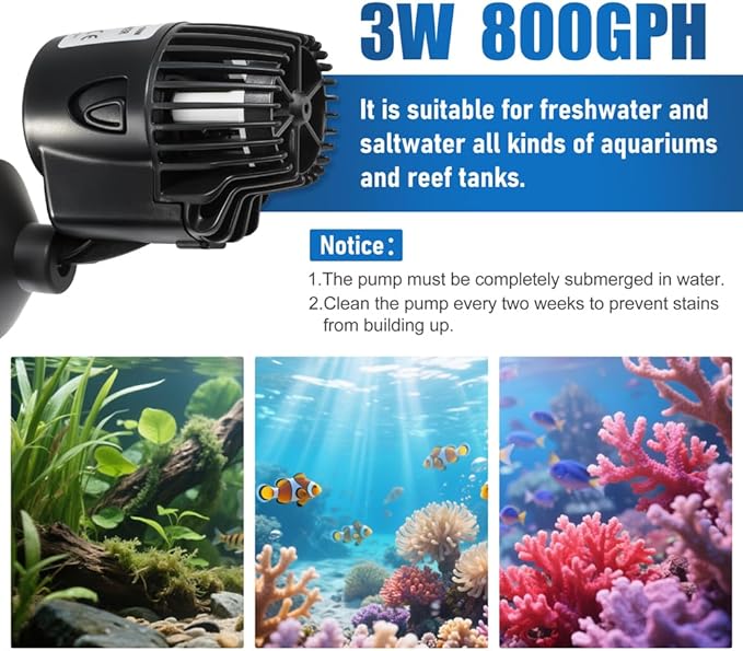 DaToo 800GPH Mini Aquarium Circulation Pump Ultra-quiet Fish Tank Wave Maker With Suction Cup 360 Degree Rotatable Aquarium Power Head Submersible Water Pump For Freshwater And Saltwater