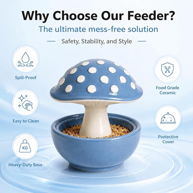 Cute Mushroom Ceramic Bird Water Dispenser & Seed Bowl, Premium Glazed Anti-Dust Feeding Dish for Small Parrots, Conures, Hamsters, Heavy Duty Cage Accessory