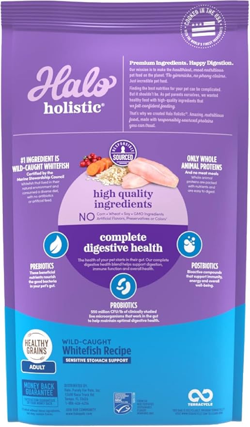 Halo Holistic Cat Food Wild Caught Whitefish Formula, Healthy Grains Dry Cat Food, For Sensitive Stomach Support, Kibble for Adult Cats, 10 lb Bag