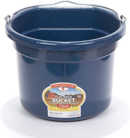 Little Giant® Flat Back Plastic Animal Feed Bucket | Animal Feed Bucket with Metal Handle | Horse Stall Feeding and Watering Supplies (Navy, 8 Quart)