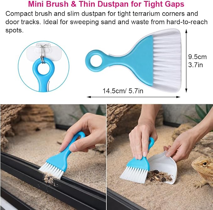 Reptile Sand Scoop Cleaning Kit for Bearded Dragon & Leopard Gecko Tank Accessories – Reptile Sand Sifter, Reptile Litter Scoop, Mini Brush & Dustpan, Hanging Waste Bag Dispenser