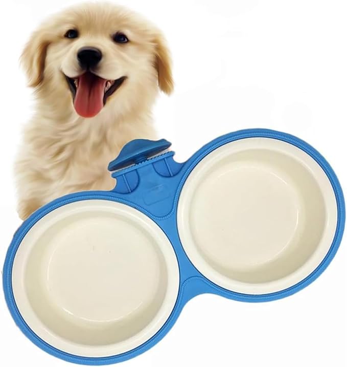 Pet Durable Bowl Cage Bowl, Pet Food Water Removable Bowls with Bolt Holder Hanging Cage Coop Cup Non-Skid Feeder Set Double Diners Portable for Feeding Dogs Cats Birds (Blue)