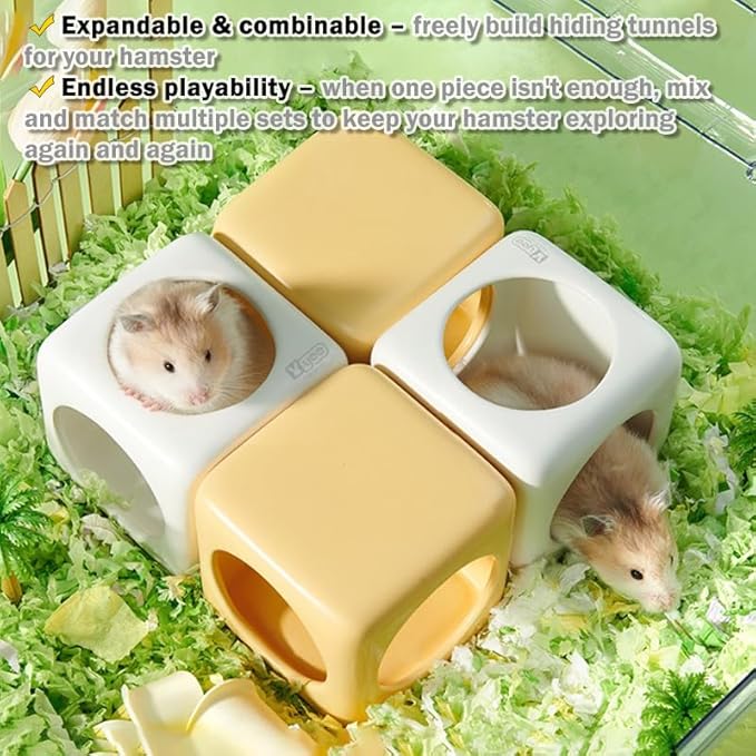 Ceramic Hamster House Cube Set, 4-Inch Stackable Small Animal Hideout Cave for Hamsters Mice Gerbils Dwarf Rabbits – Hard Durable DIY Mix & Match Habitat Hideaway Decor, White