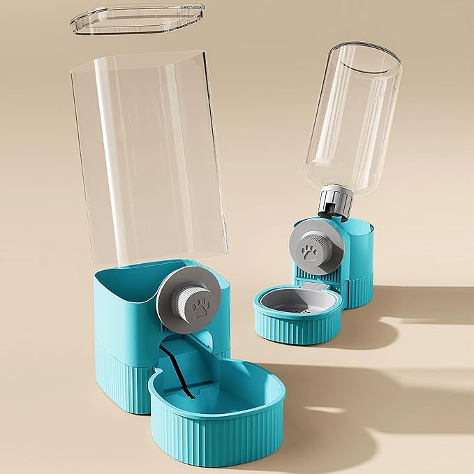 Hanging Automatic Pet Feeder and Water Dispenser Set, 40oz Gravity Food Feeder & 17oz Water Bottle for Rabbit, Guinea Pig, Ferret, Chinchilla - Cage Mount Small Animal Feeding Supplies (Blue)