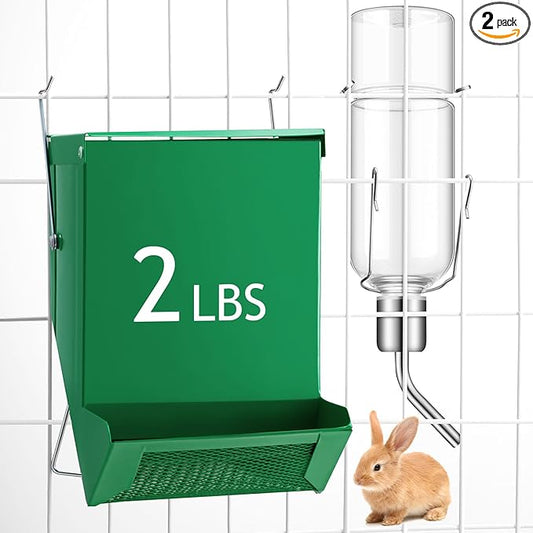 Maxcheck 2 Pack Rabbit Feeder and 12 oz Water Bottle for Cages Pet Food Water Dispenser with Lid Metal Feeders Outside for Guinea Pig Hamsters Chinchillas Gerbils and Other Small Animals(2 Lbs)