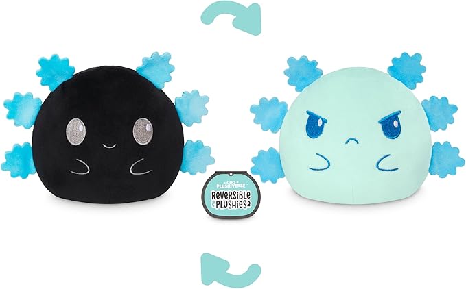 TeeTurtle Reversible Axolotl Plushie 4-Inch Black + Blue Two-Sided Flip Plush Toy with Embroidered Details - Cute Mini Collectible Plush for Kids, Teens, and Adults