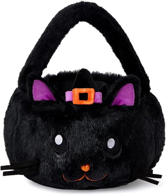 Halloween Plush Treat Basket, Halloween Candy Basket, Trick-or-Treat Bag(Black Cat Witch)