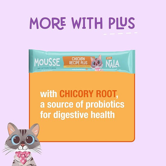 LOVE, NALA Digestive Health Chicken + Prebiotic Mousse Cat Treats – Lickable Squeeze-Up Puree, Topper or Treat – Grain-Free, 24 Pack – Human-Grade Protein, Non-GMO, No Artificial Additives