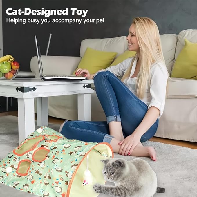 Cat Tunnel Toy, Cat Tunnel Bags with 1 Little Mouse & 3 Ball Crinkle Sack Bag for Cats, Portable Training Cave Collapsible Interactive Cat Drill Bag Pet Toy, Cat Self Interactive Toys(Green)